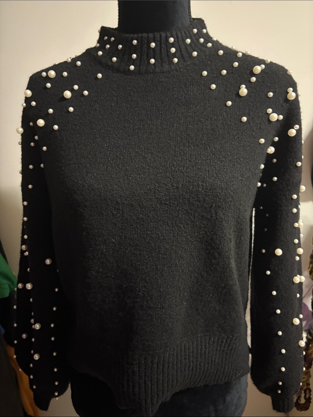 Sincerely Jules Black Pearl-Embellished Mock Neck Sweater